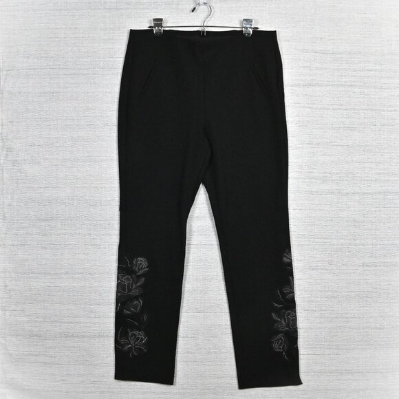 Chico's 2R Floral Embroidered Stretch Pockets Straight Leg Black Trousers 12R - Picture 1 of 16